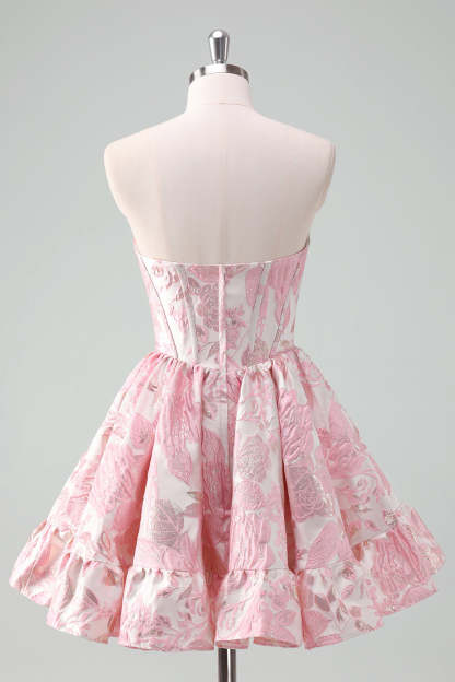 Blue Strapless Floral A-Line Printed Corset Short Homecoming Dress with Ruffles