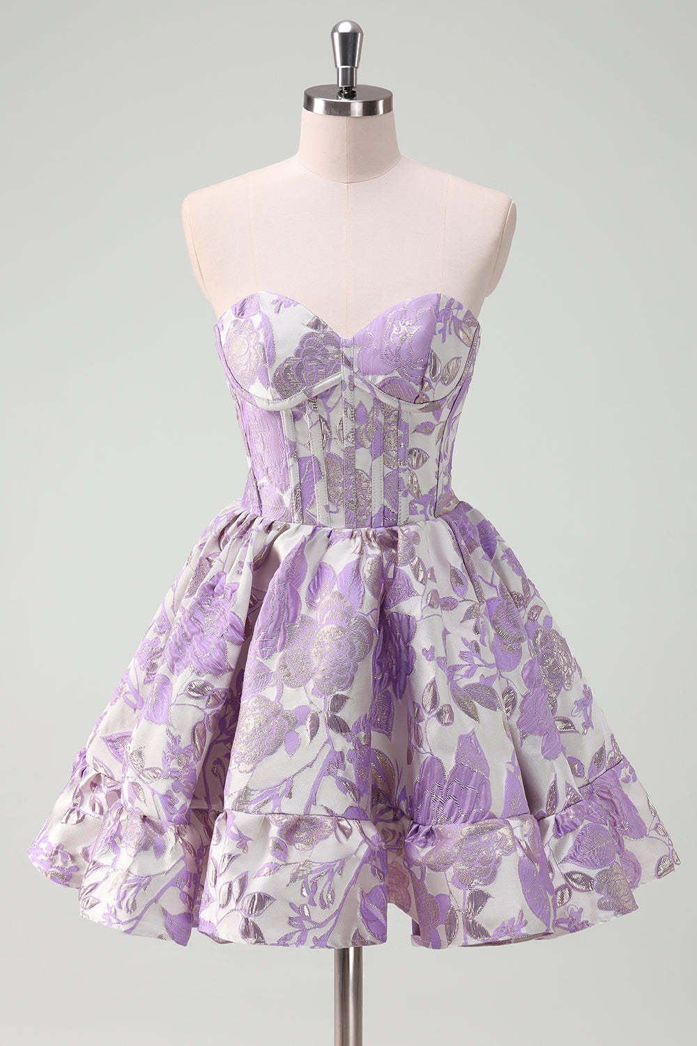 Blue Strapless Floral A-Line Printed Corset Short Homecoming Dress with Ruffles