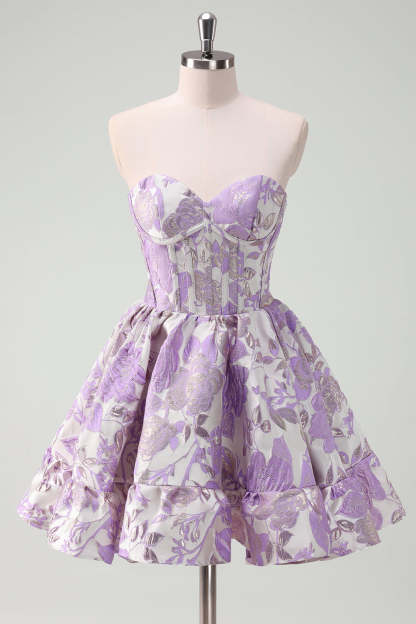 Blue Strapless Floral A-Line Printed Corset Short Homecoming Dress with Ruffles