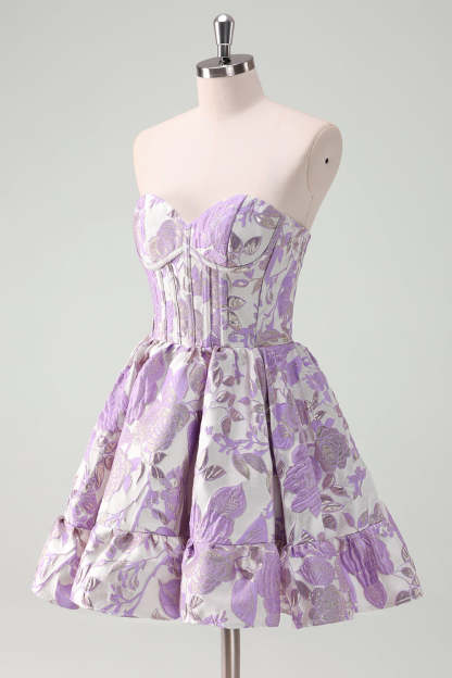 Blue Strapless Floral A-Line Printed Corset Short Homecoming Dress with Ruffles