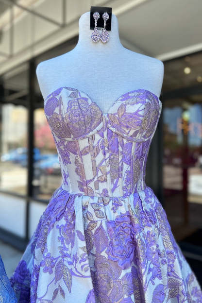 Blue Strapless Floral A-Line Printed Corset Short Homecoming Dress with Ruffles