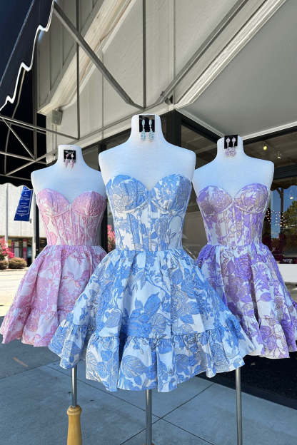 Blue Strapless Floral A-Line Printed Corset Short Homecoming Dress with Ruffles