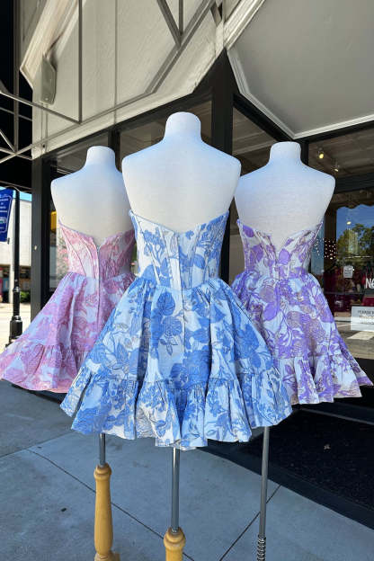 Blue Strapless Floral A-Line Printed Corset Short Homecoming Dress with Ruffles