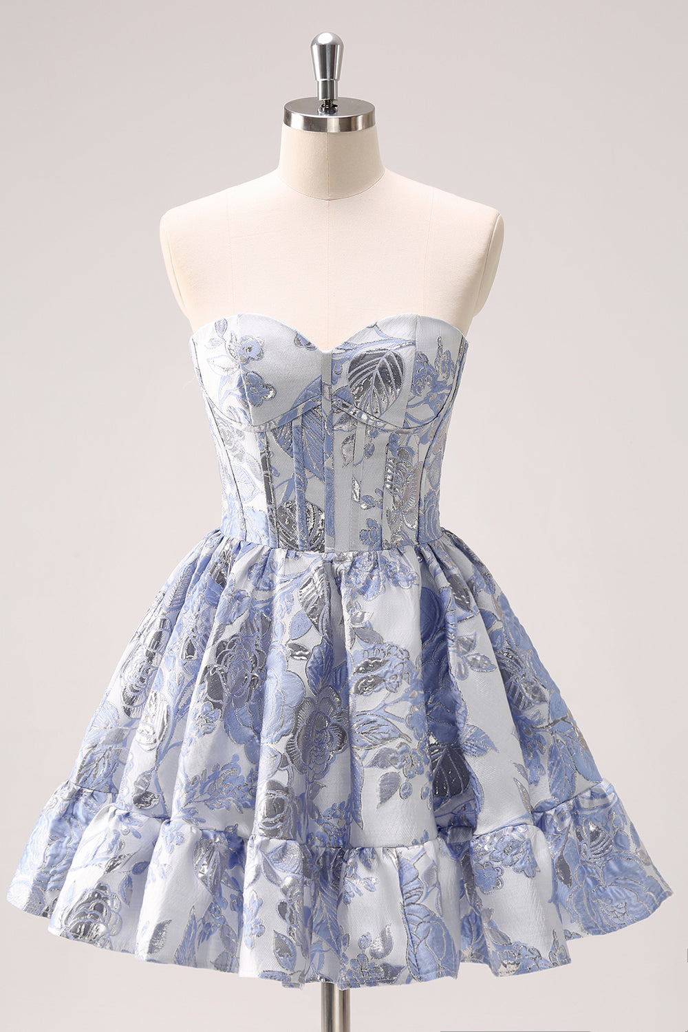 Trendy Blue Strapless Flower Printed Corset Short Homecoming Dress with Ruffles