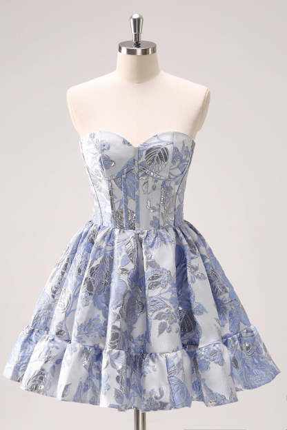 Trendy Blue Strapless Flower Printed Corset Short Homecoming Dress with Ruffles