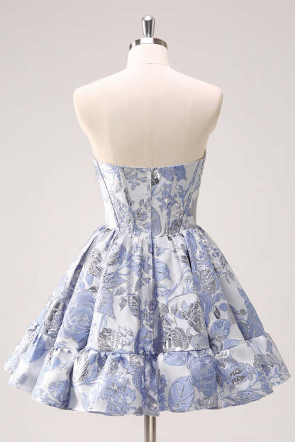 Trendy Blue Strapless Flower Printed Corset Short Homecoming Dress with Ruffles