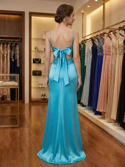 Blue V Neck Beaded Bodice Satin A-Line Long Prom Dress