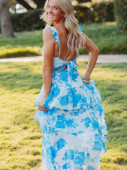 Blue A-Line Ruffles Print Long Prom Dress with Slit