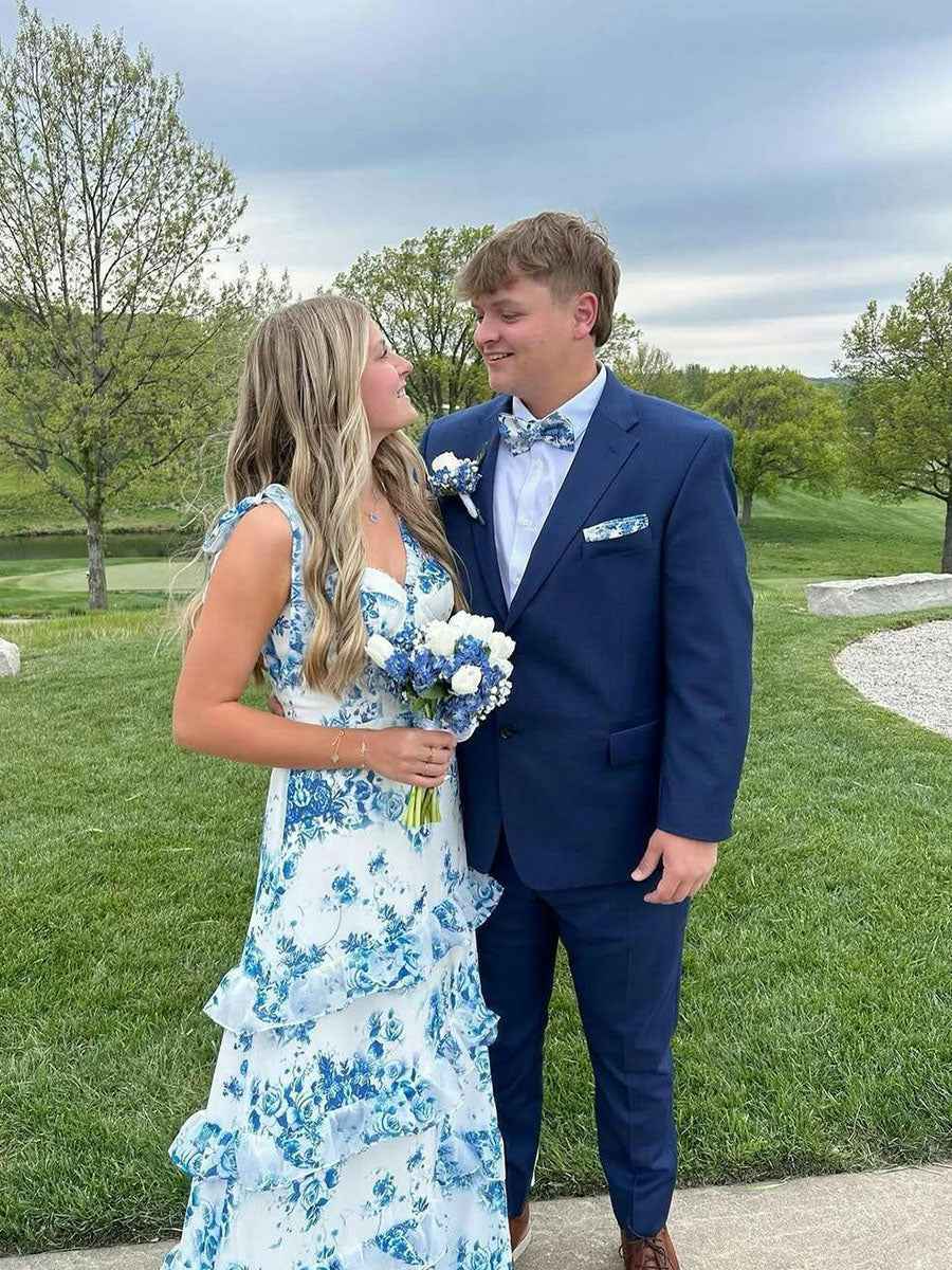 Blue Print A-Line Strapless Tiered Long Prom Dress