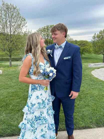 Blue Print A-Line Strapless Tiered Long Prom Dress