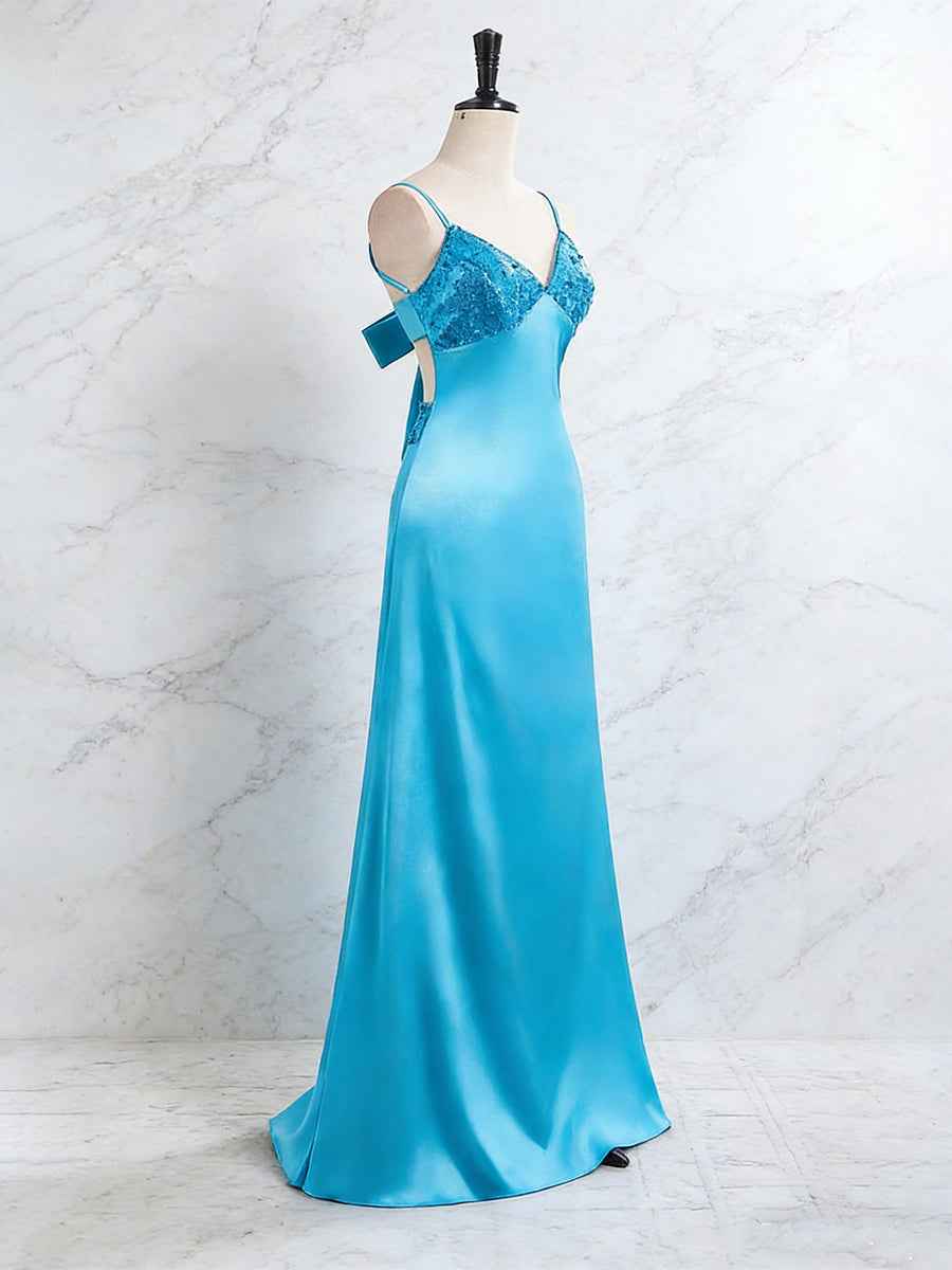 Blue V Neck Beaded Bodice Satin A-Line Long Prom Dress