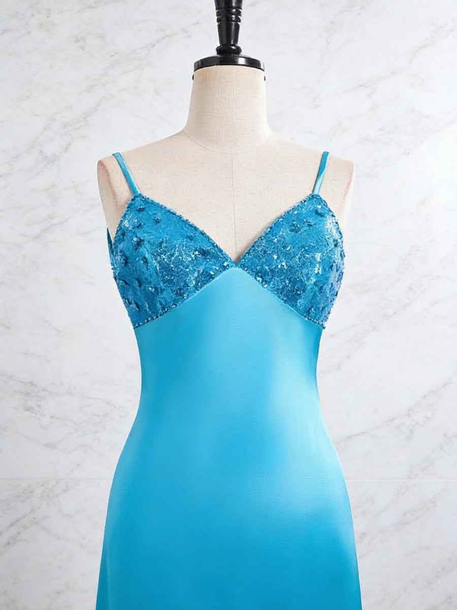 Blue V Neck Beaded Bodice Satin A-Line Long Prom Dress