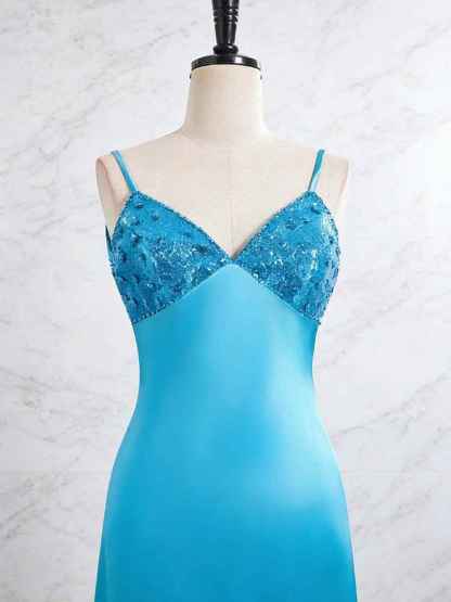 Blue V Neck Beaded Bodice Satin A-Line Long Prom Dress