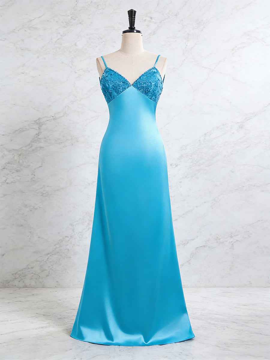 Blue V Neck Beaded Bodice Satin A-Line Long Prom Dress