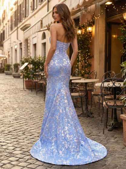 Blue Damask Crystal Corset Mermaid Prom Dress with Slit