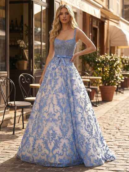 Blue Floral A Line Baroque Lace Long Corset Prom Dress