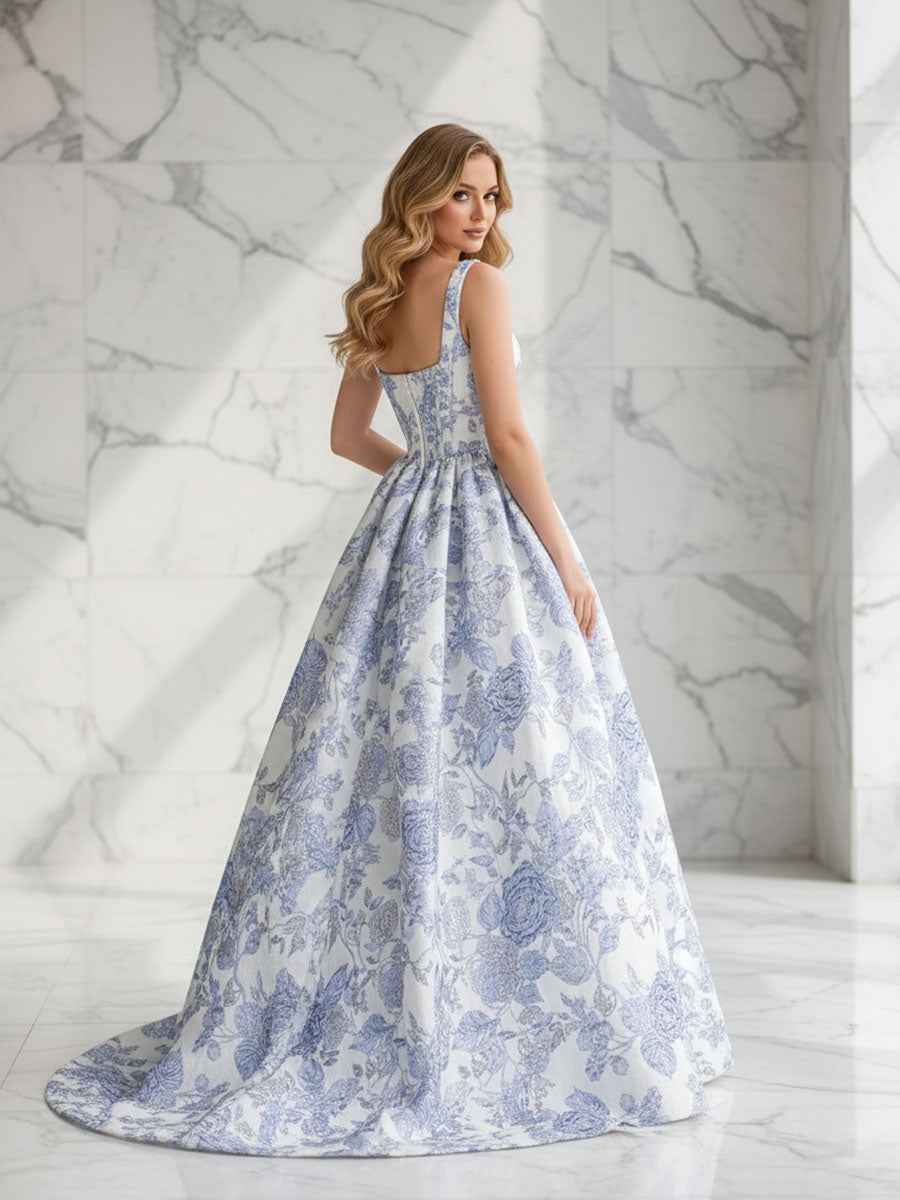 Blue Floral A Line Square Neck Brocade Corset Long Prom Dress