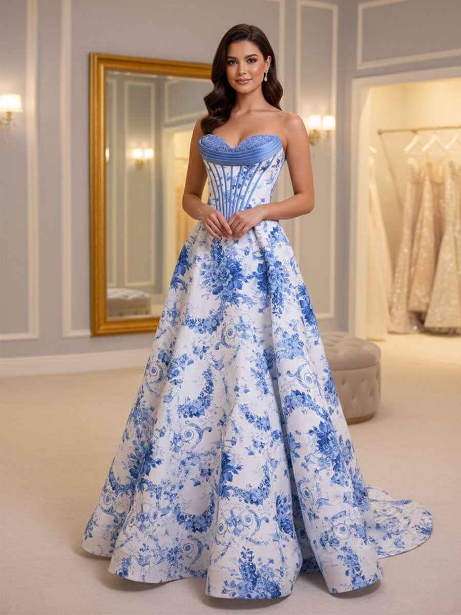 Blue Floral Brocade Contrast Corset Textured Neckline Prom Dress