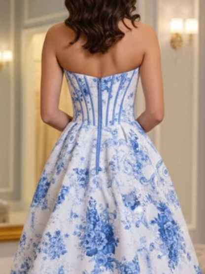 Blue Floral Brocade Contrast Corset Textured Neckline Prom Dress