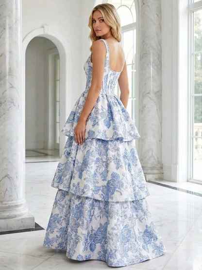 Blue Floral Brocade Corset Tiered A-Line Prom Dress
