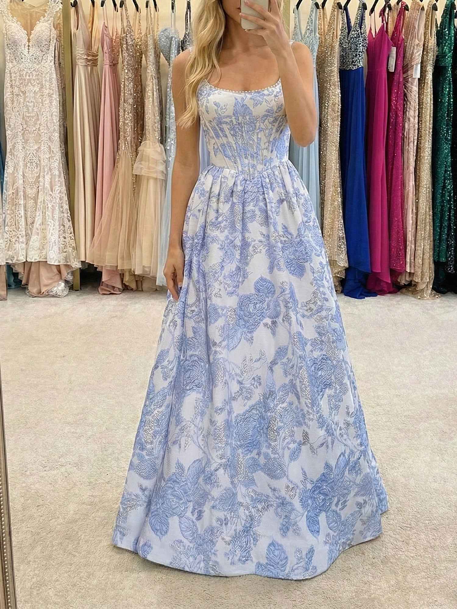 Blue Floral Brocade Pearl Long Corset Prom Dress