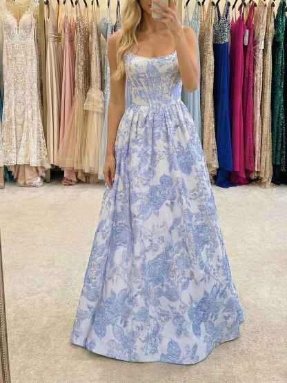 Blue Floral Brocade Pearl Long Corset Prom Dress