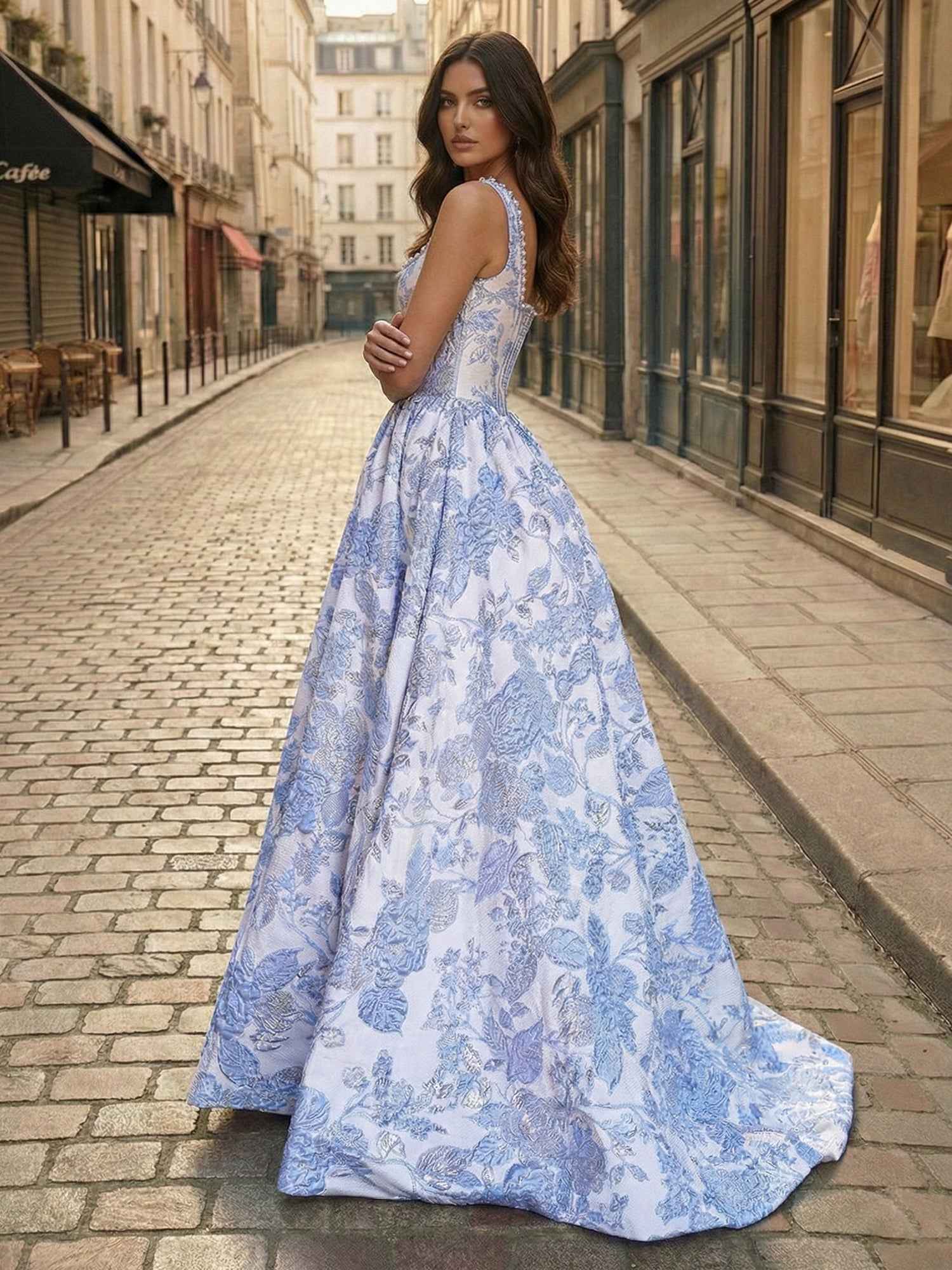 Blue Floral Brocade Pearl Long Corset Prom Dress
