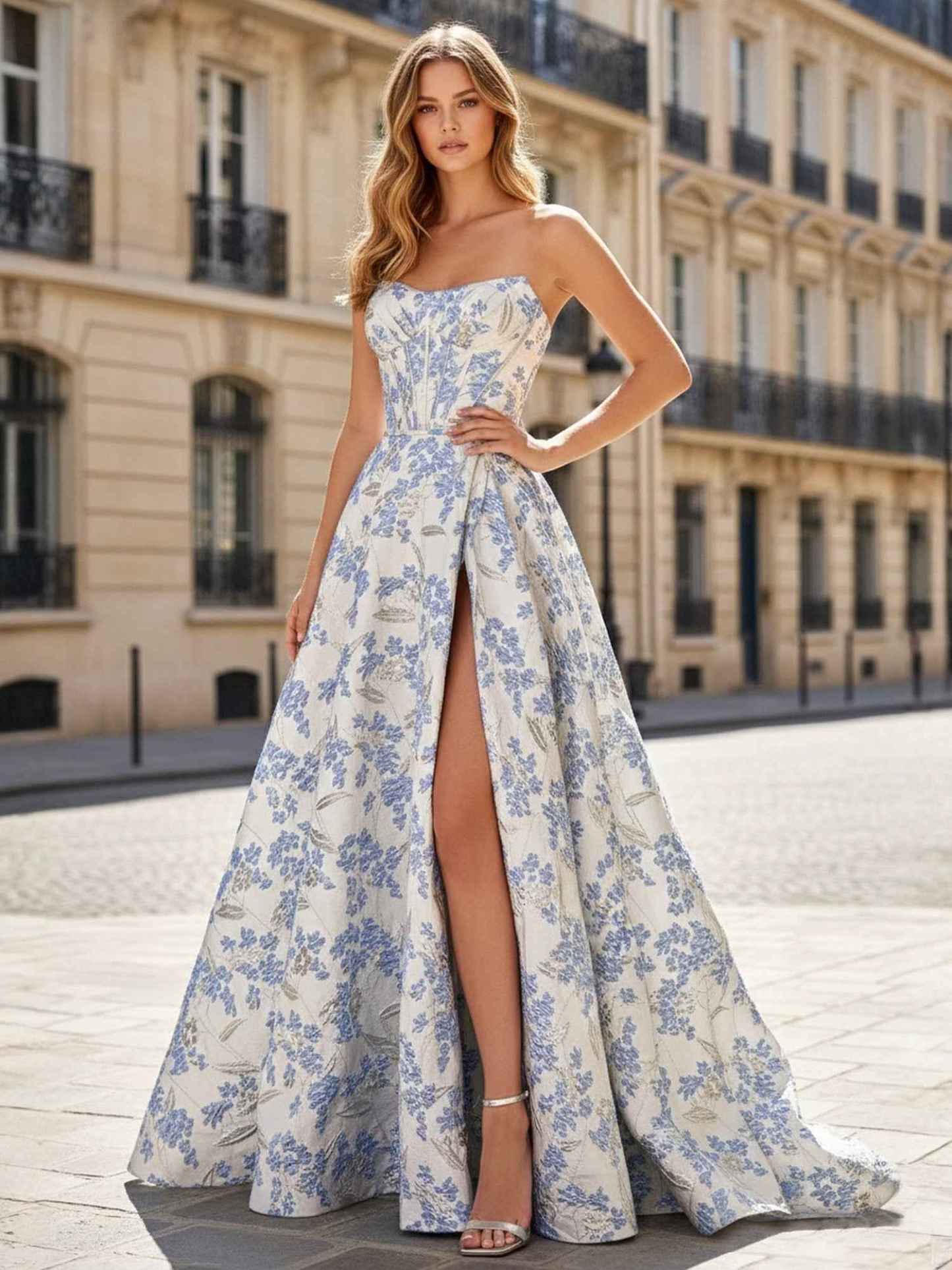 Blue Floral Brocade Strapless A-Line Prom Dress with Slit - BMBRIDAL