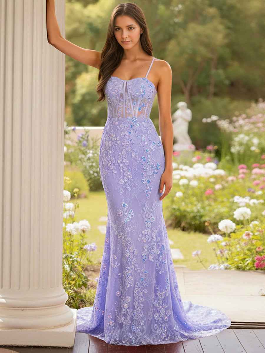 Blue Floral Corset Bodice Spaghetti Straps Lace Applique Prom Dress