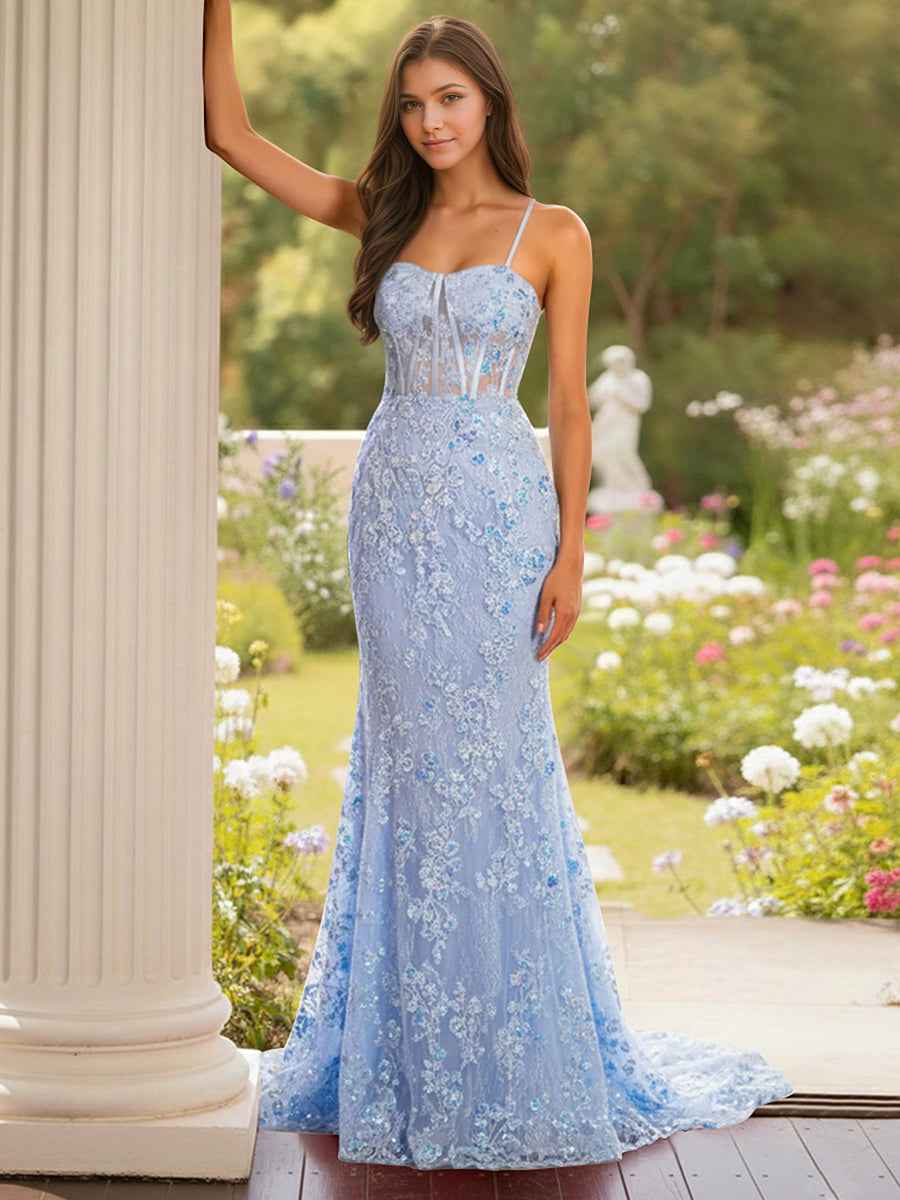 Blue Floral Corset Bodice Spaghetti Straps Lace Applique Prom Dress