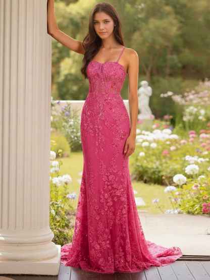 Blue Floral Corset Bodice Spaghetti Straps Lace Applique Prom Dress