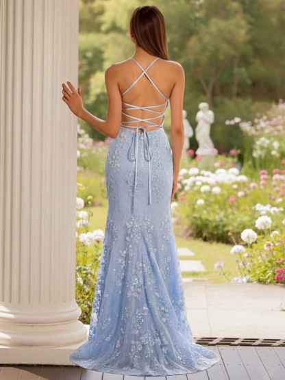 Blue Floral Corset Bodice Spaghetti Straps Lace Applique Prom Dress