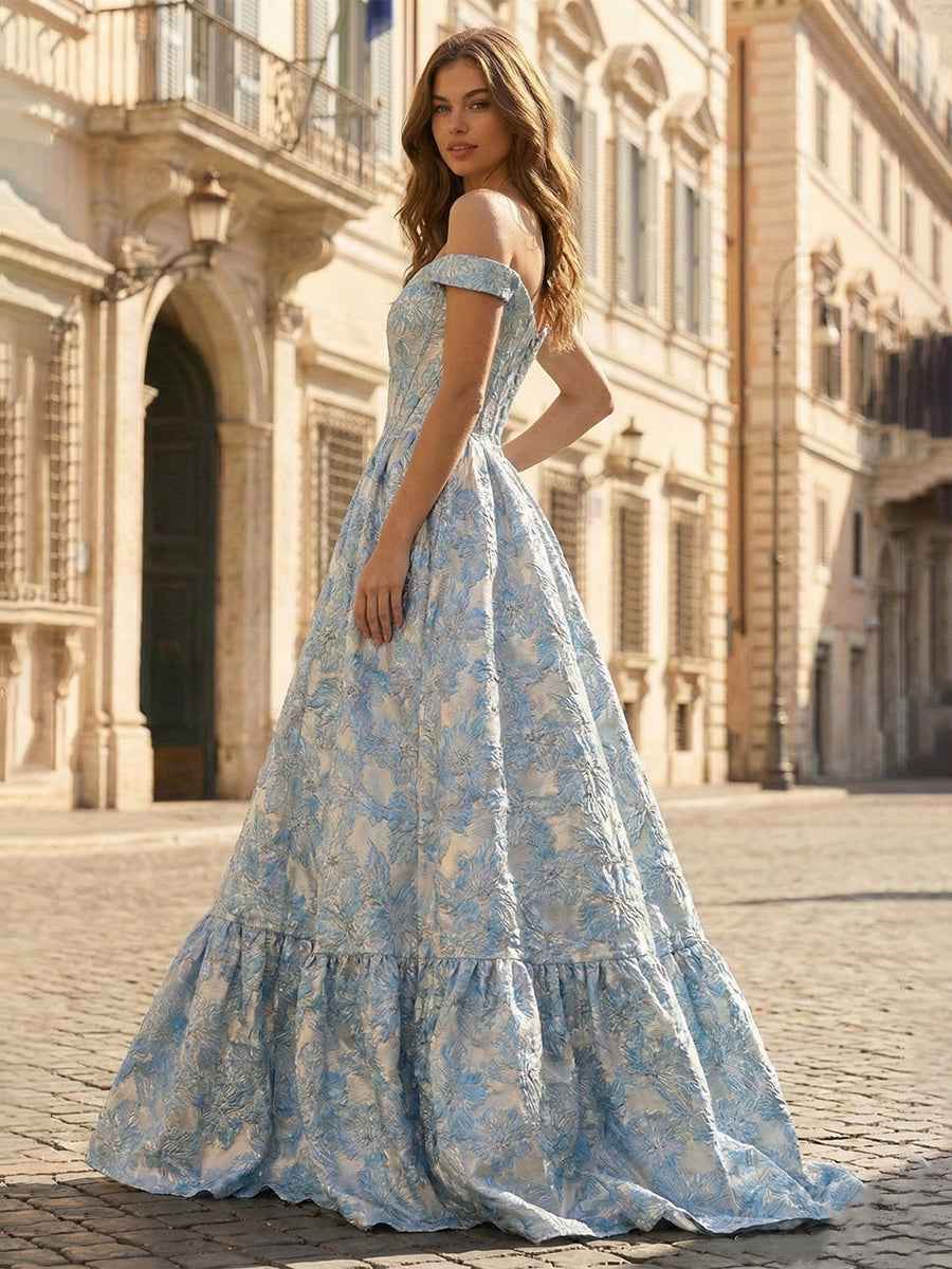 Blue Floral Jacquard Off-the-Shoulder Corset Prom Dress