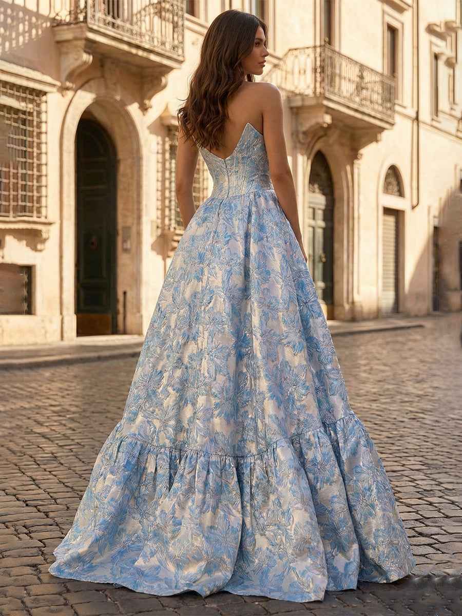 Blue Floral Jacquard Off-the-Shoulder Corset Prom Dress