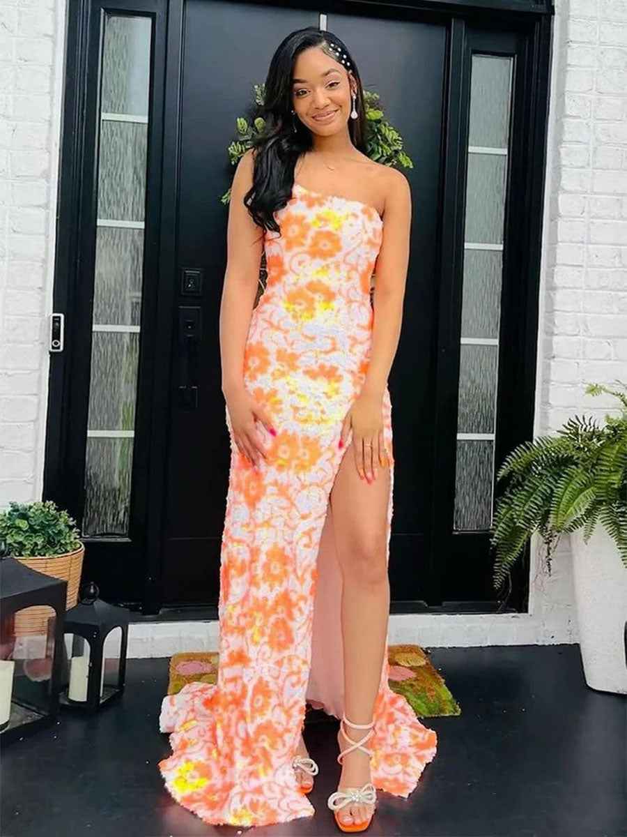 Blue Floral Pattern One-Shoulder Sequin Prom Dress with High Slit