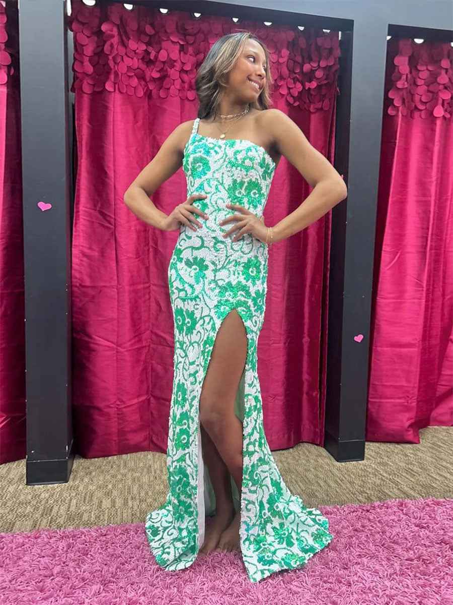 Blue Floral Pattern One-Shoulder Sequin Prom Dress with High Slit