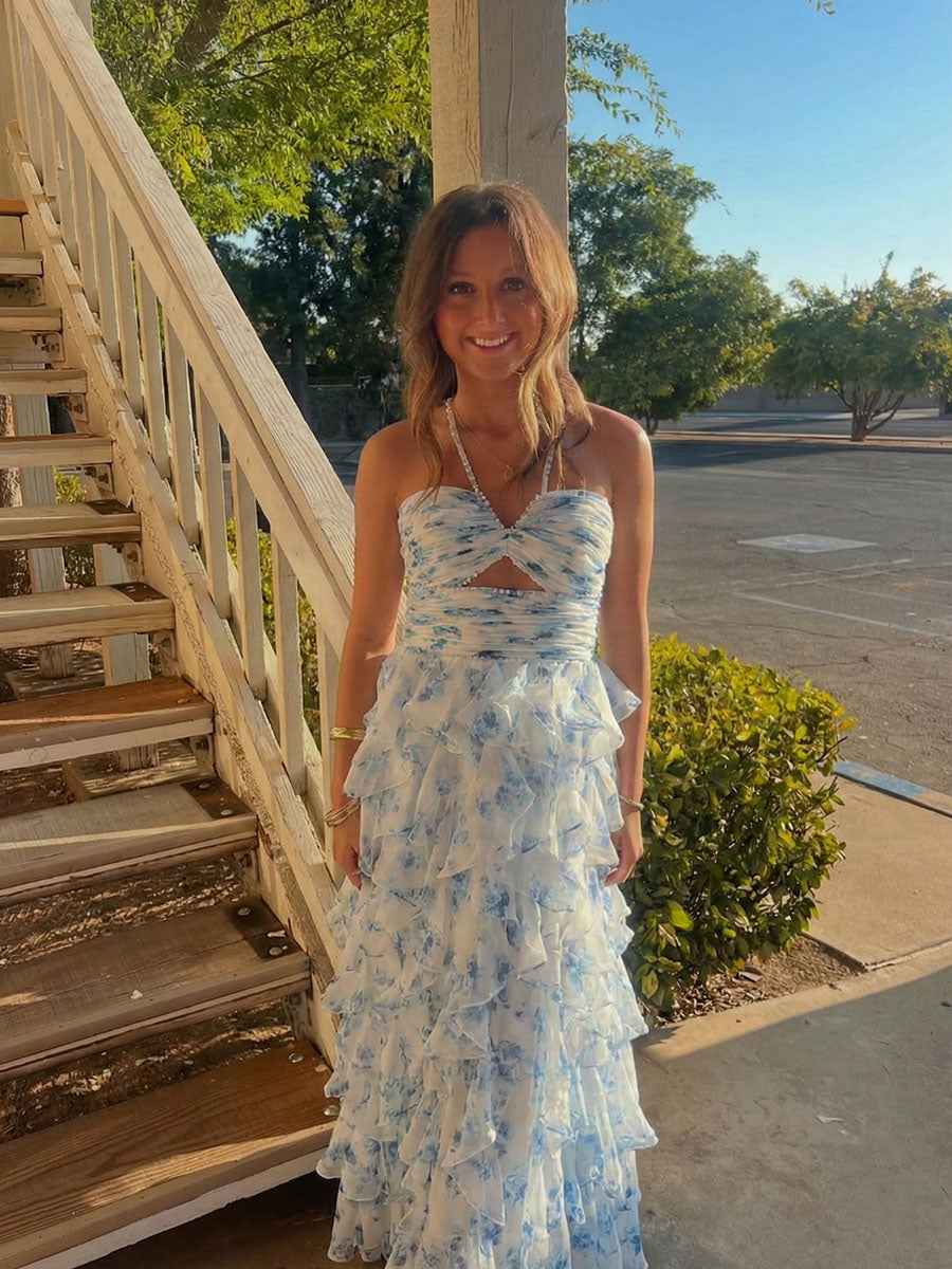 Blue Floral Ruffles Tiered Halter Prom Dress with Keyhole Cutout