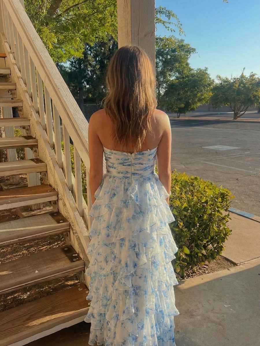 Blue Floral Ruffles Tiered Halter Prom Dress with Keyhole Cutout