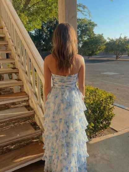 Blue Floral Ruffles Tiered Halter Prom Dress with Keyhole Cutout