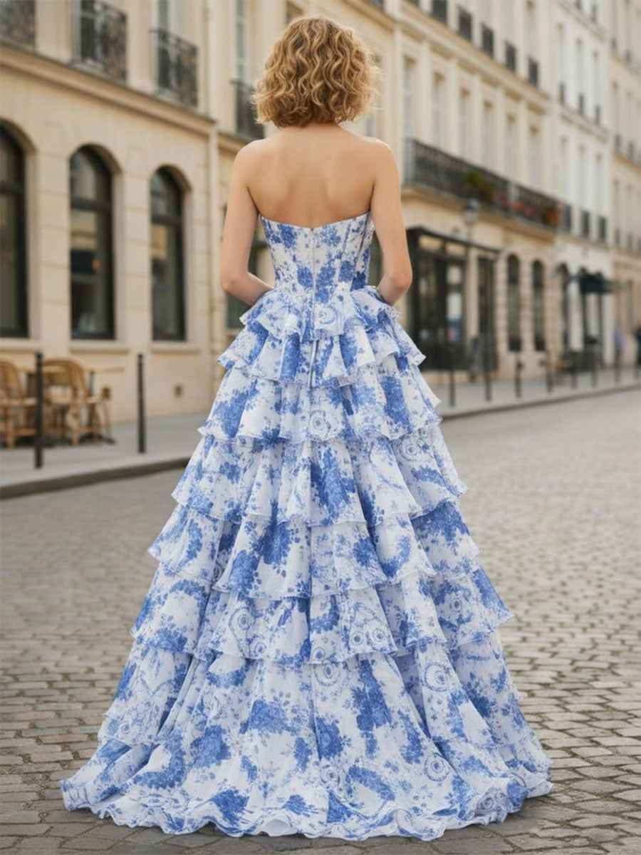 Blue Floral Strapless Chiffon Ruffle Corset Prom Dress with Slit