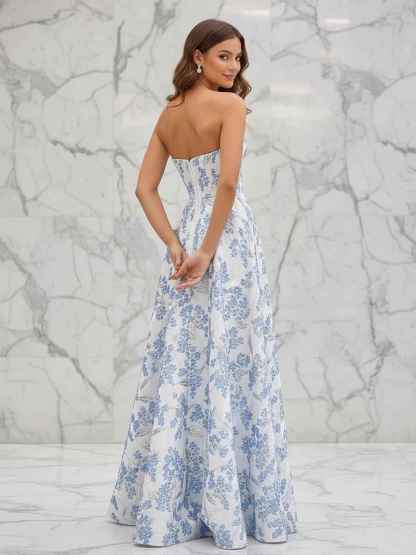Blue Floral Strapless Corset Prom Dress with Slit