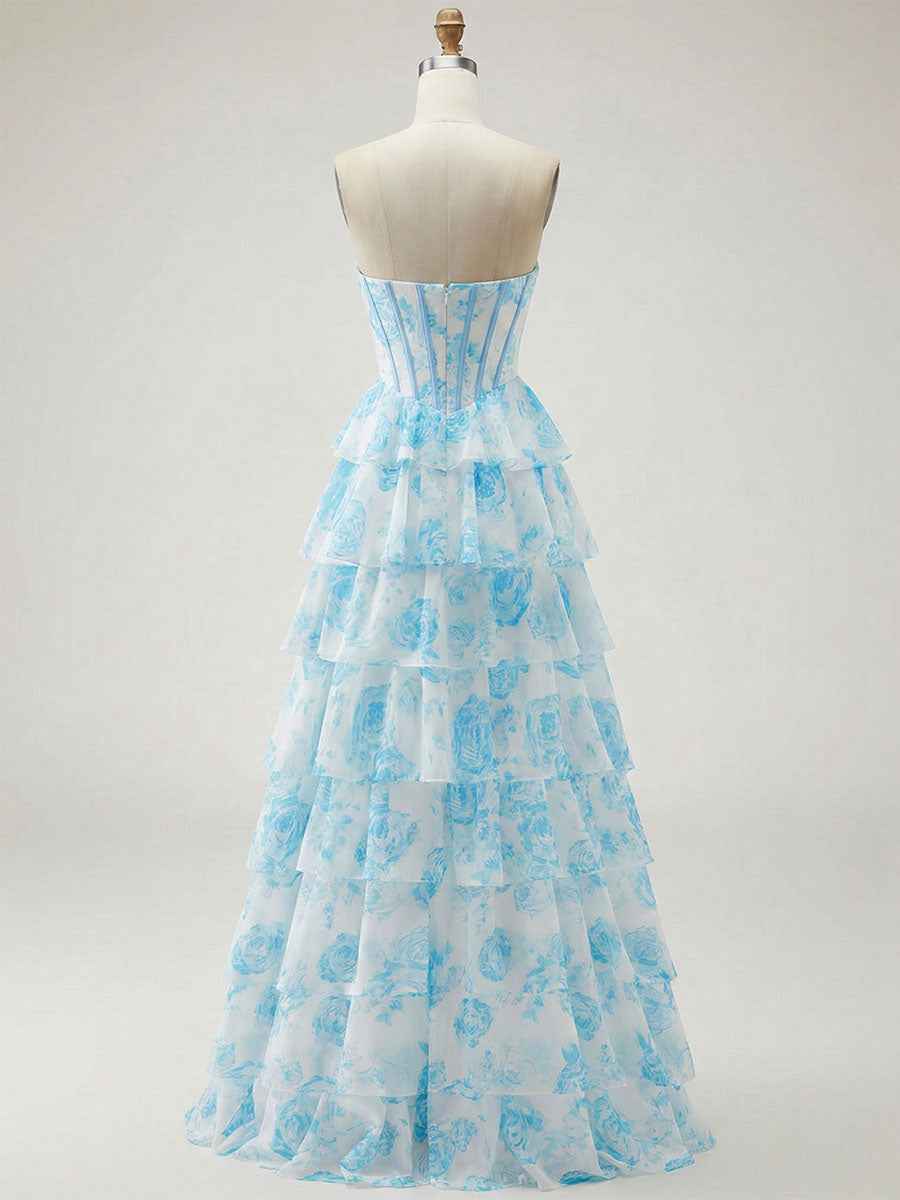 Blue Floral Strapless Tiered Ruffle Corset Long Prom Dress with Slit