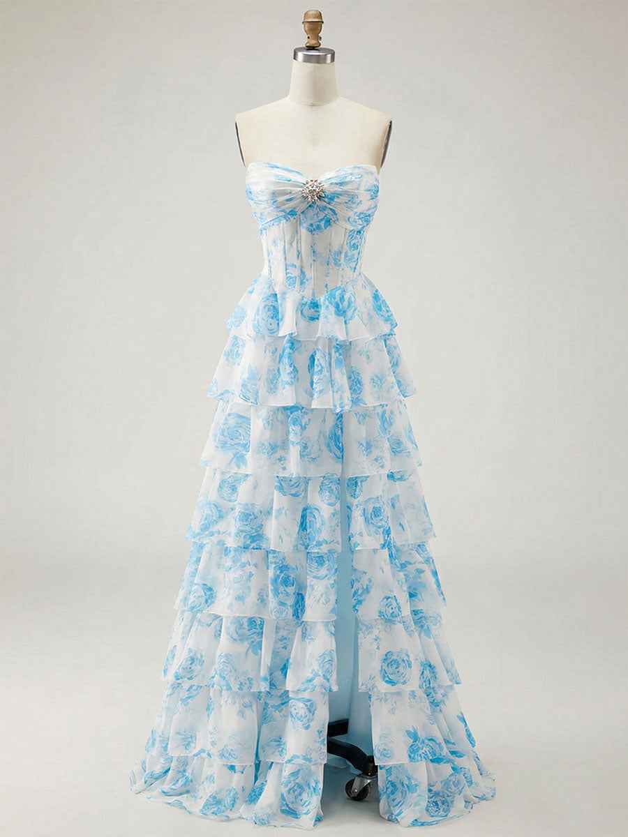Blue Floral Strapless Tiered Ruffle Corset Long Prom Dress with Slit
