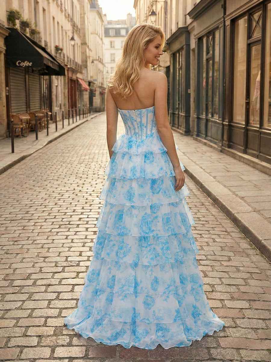 Blue Floral Strapless Tiered Ruffle Corset Long Prom Dress with Slit