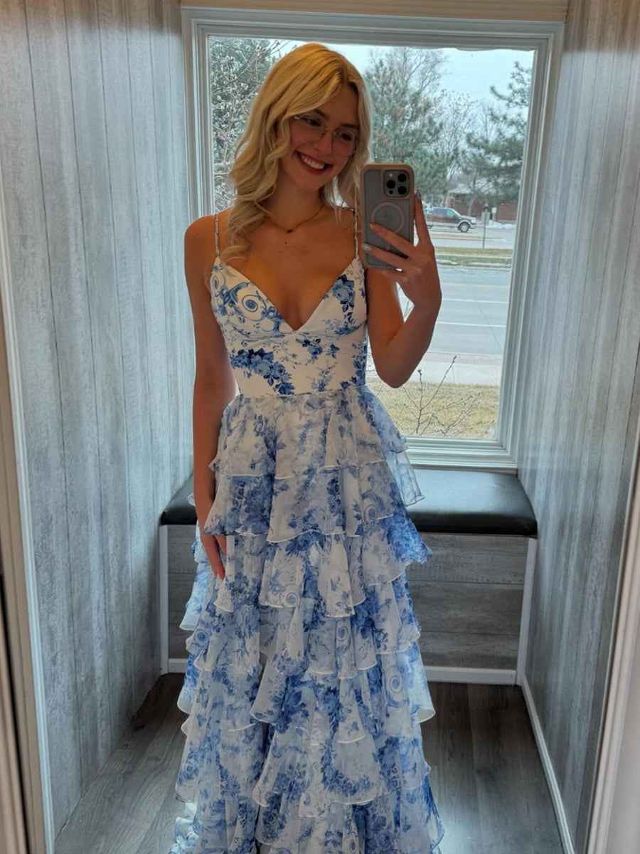 Blue Floral V Neck Tiered Ruffle A-Line Prom Dress