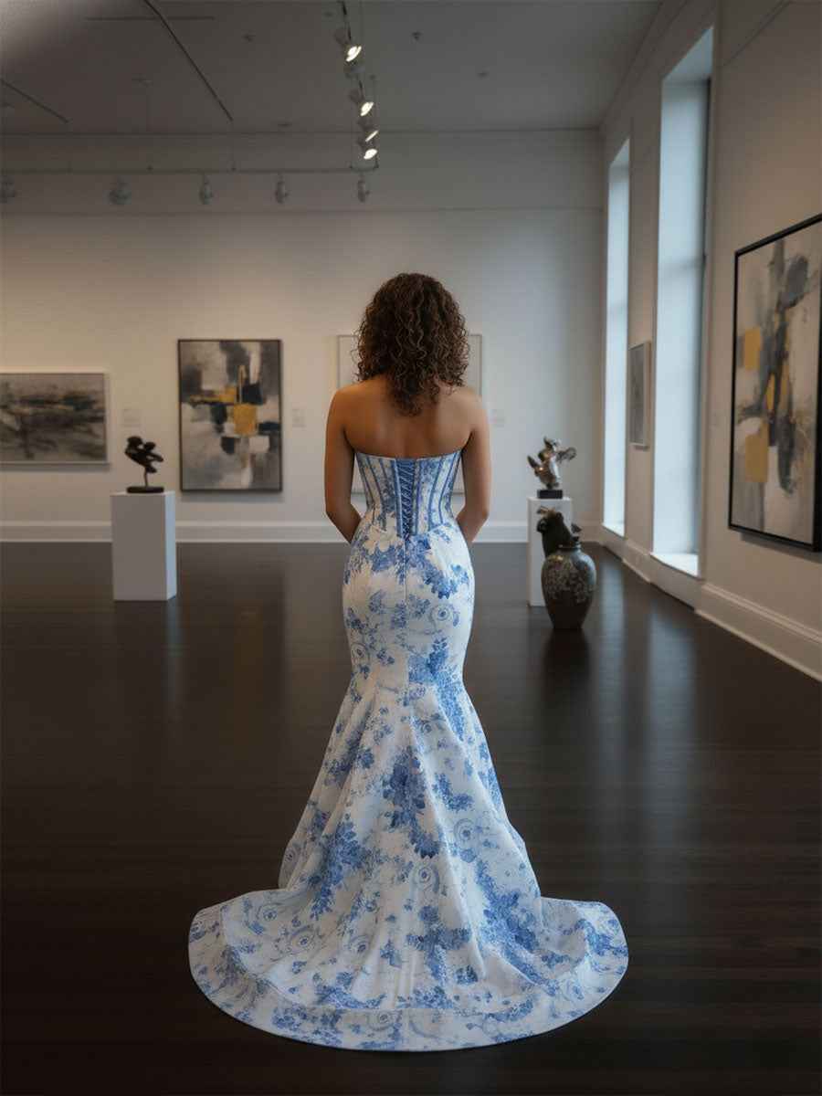 Blue Mermaid Strapless Sweetheart Floral Long Prom Dress
