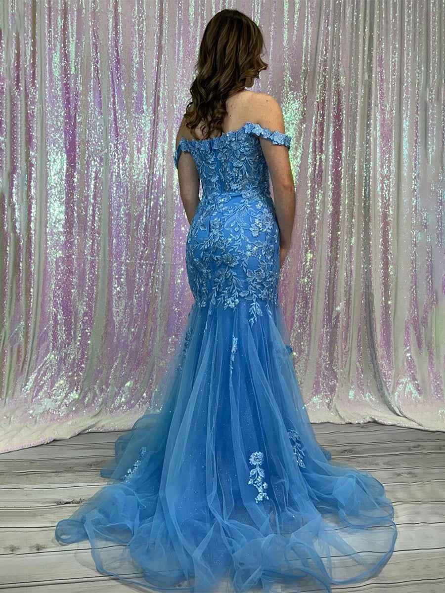 Blue Off-the-Shoulder Floral Lace Mermaid Long Prom Dress