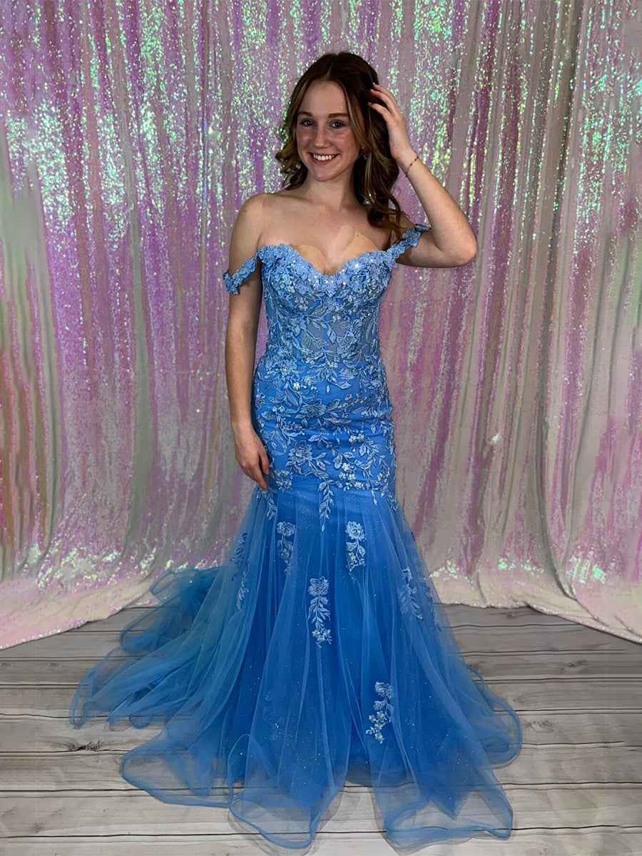 Blue Off-the-Shoulder Floral Lace Mermaid Long Prom Dress