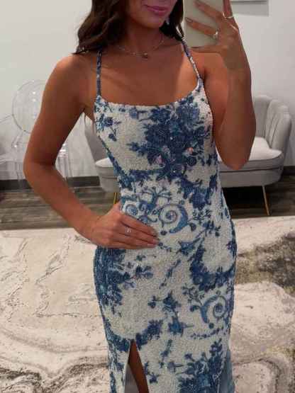 Blue Porcelain Print Spaghetti Straps Beaded Long Prom Dress with Slit