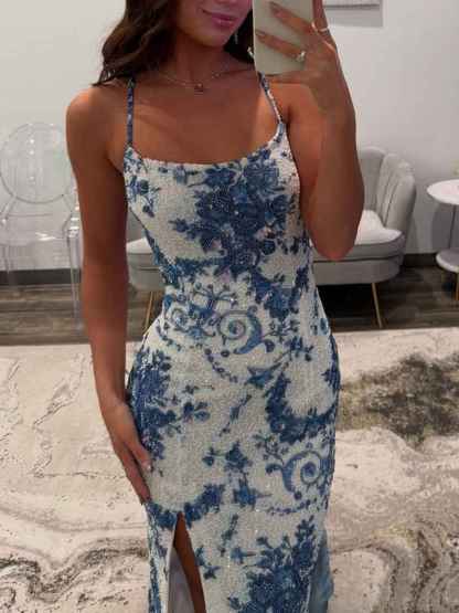 Blue Porcelain Print Spaghetti Straps Beaded Long Prom Dress with Slit
